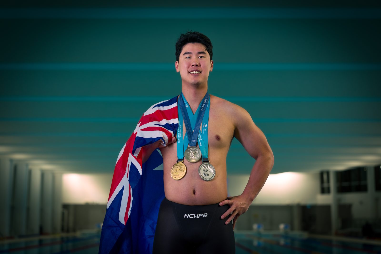 William Yang's Olympic, World Championship and Commonwealth Games medals on the Australian flag